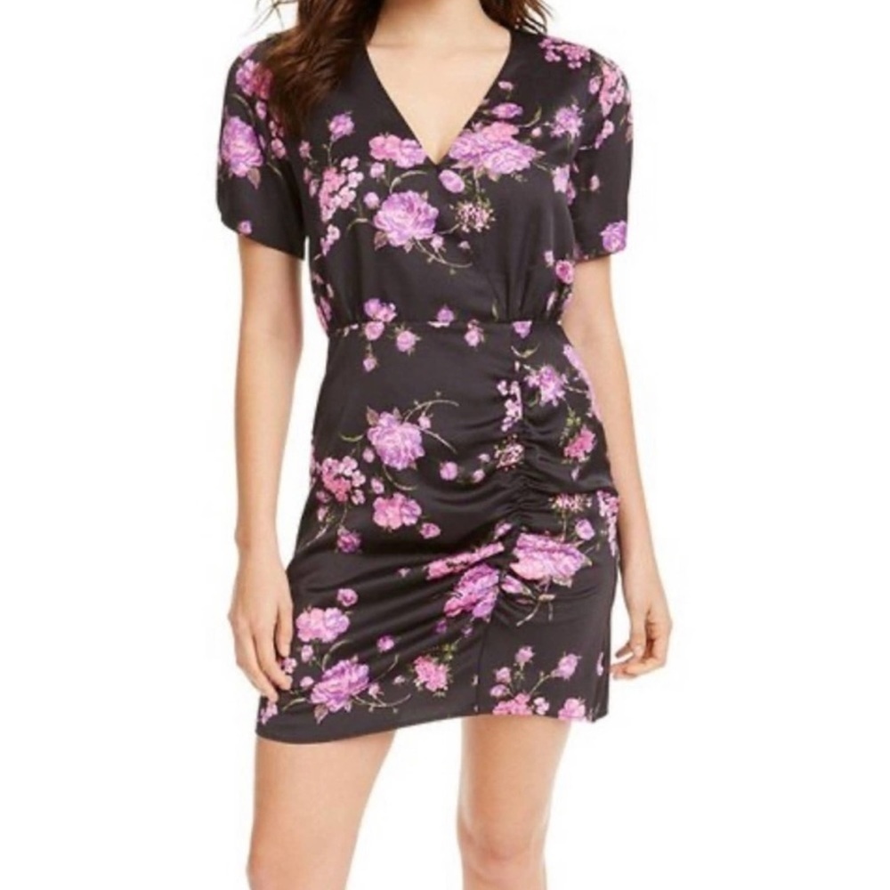 NWT Leyden Satin Black Floral Ruched Mini Dress